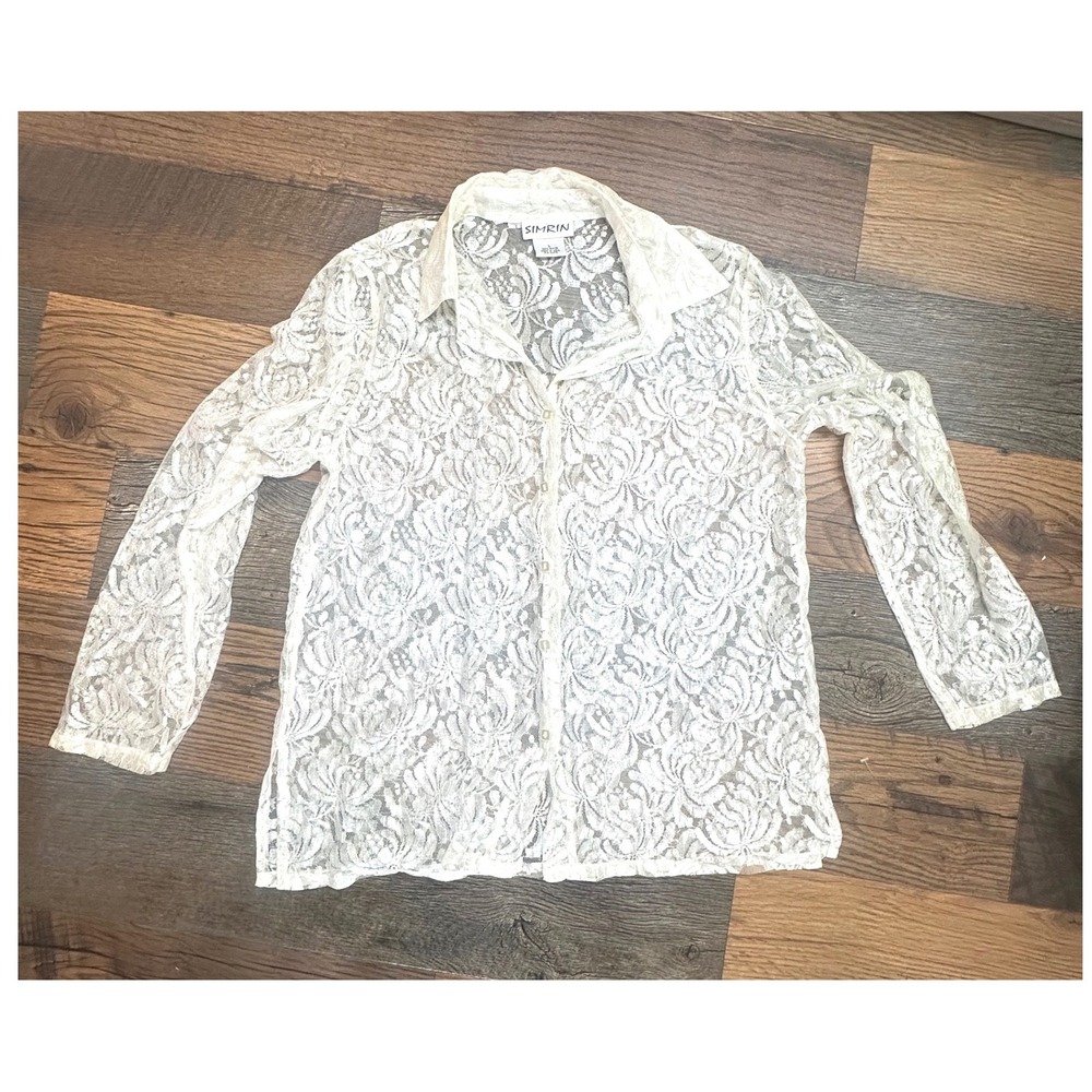 Womens Cream Floral Lace Button Down Long Sleeve Sheer Large‎ Fairy Chic Whimsy